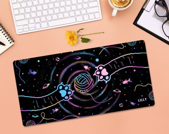 Cosmic Paws Desk Mat, Custom Mousepad, Galaxy Desktop Mat, Extended Desk Blotter, Home Office Decor, Lofi Gamer Desk Setup