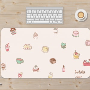 Paste Kawaii Food Desk mat with custom name. Perfect for workspace, cubicle decor, gaming desk, laptop desk. Various size and color options.
