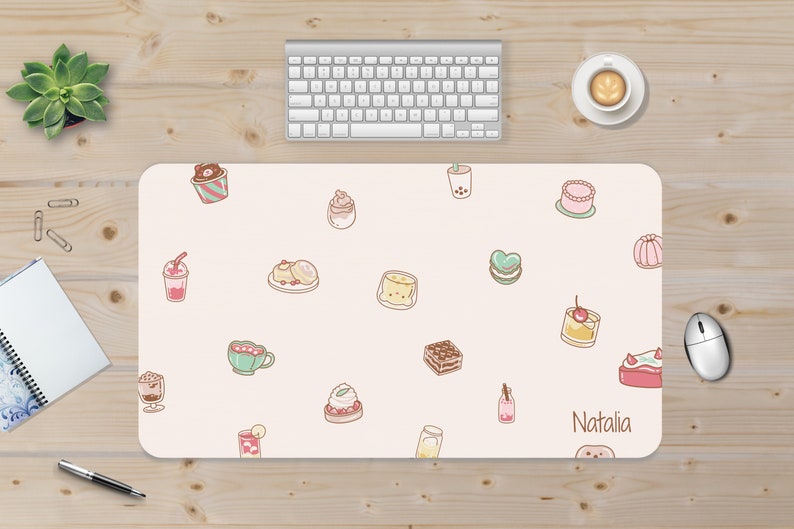 Paste Kawaii Food Desk mat with custom name. Perfect for workspace, cubicle decor, gaming desk, laptop desk. Various size and color options.