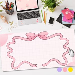 Rosa Kawaii Schleife Schreibtischmatte, benutzerdefiniertes Mousepad, erweitertes Gaming Pad, niedliches Bürodekor, ästhetisches Schreibtischzubehör