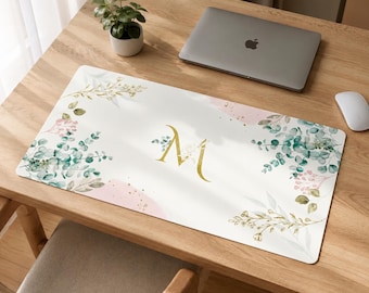 Floral Monogram Desk Mat: Personalized Botanical Eucalyptus Large Mouse Pad, Home Office Desk Decor