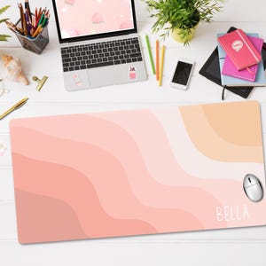 Tappetino da scrivania Pastel Waves, tappetino da scrivania personalizzato rosa, grazioso tappetino per tastiera, tappetino per mouse extra large, decorazione estetica per scrivania, decorazione per scrivania da gioco