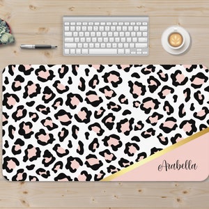 Leopard Pattern Desk Mat, Personalized Desk Pad, Pink and Gold Desk Blotter, Xxl Mouse Pad, Cubicle Decor, Home Office Decor