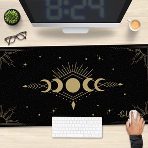 Personalized Moon Phase Desk Mat, Celestial Stars Mouse Pad, Witchy Desk Decor, Astrology Workspace Accessory