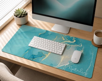 Gold Turquoise Marble Desk Mat: Personalized Office Luxury Decor, Ocean Waves Mousepad