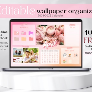 Pastel Desktop Wallpaper Organizer, Pink Gradient Macbook Moodboard, 2025-2026 Editable Calendar, Desktop Folder Icons