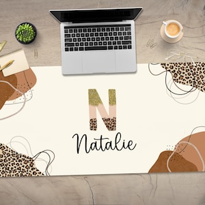 Monogram Leopard Print Desk Mat: Boho Chic Mousepad, Home Office Decor