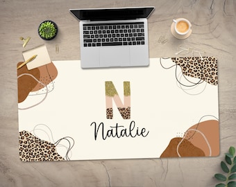 Monogram Leopard Print Desk Mat: Boho Chic Mousepad, Home Office Decor