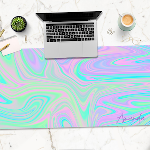 Holographic Desk Pad: Rainbow Marble Iridescent Desk Mat