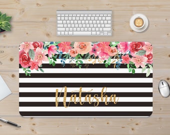 Gold Black Stripe Desk Mat, Personalized Desk Pad, Floral Desk Protector, Pattern Desk Topper, Cute desk mat, Homeoffice décor