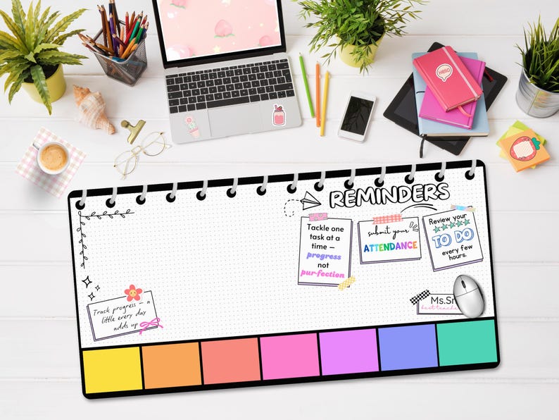 May include: A white dry-erase board with a black frame and a black spiral binding. The board has a grid pattern and is divided into sections. The top section has the word "REMINDERS" written in black. The other sections have colorful sticky notes with text such as "Tackle one task at a time - progress not perfection", "Submit your attendance", and "Review your to do every few hours".