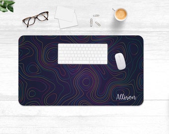 Topographic Desk Mat, Personalized Desk Pad, Topographical Extended Mouse Pad, Retro Colorful Waves, Trendy Workspace, Large Gaming Mat