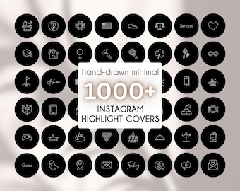 Puede incluir: Un conjunto de portadas de historias destacadas de Instagram negras con iconos de arte lineal blanco. La imagen incluye iconos para servicios, objetivos y seguimiento, con el texto "hand-drawn minimal 1000+ INSTAGRAM HIGHLIGHT COVERS" en el centro.