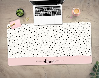 Dalmatian Dot Pattern Desk Mat: Personalized Blush Pink Mouse Pad, Cubicle Decor Accessory