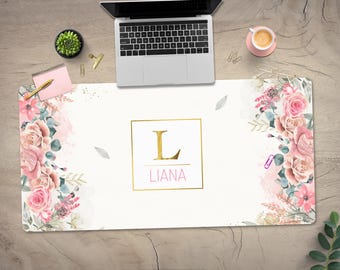 Monogram Floral Desk Mat: Pastel Mousepad, Personalized Botanical Office Decor