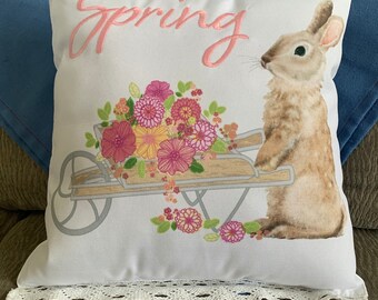 Happy Spring Bunny WheelBarrow of Flowers Pillow