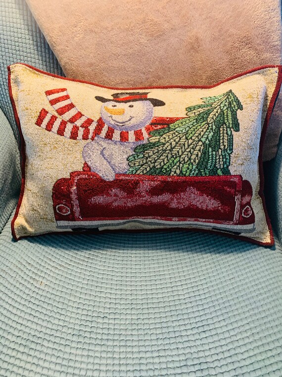 Christmas Tapestry Pillow Snowman Christmas Tree Holiday Red - Main Image
