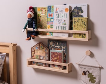 Ash kids Bookshelf with Rail, Children's Book Storage Shelf, Kids Playroom / Nursery Book Display Shelf, Solid Ash Wood Shelves, Handmade.