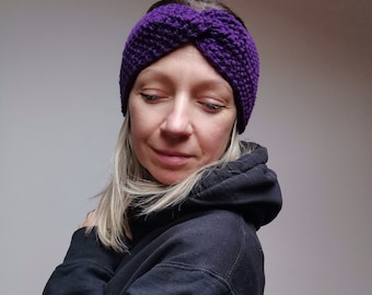 Hand-knitted headband in pure wool, for women. Headband, purple, handmade