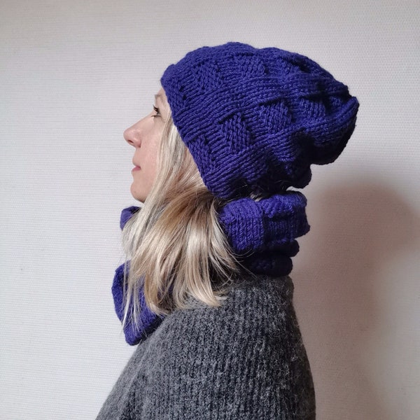 Ensemble tour de cou et bonnet, tricoté à la main pour femme et pour homme. Bonnet et snood d'hiver fait main pour elle et lui