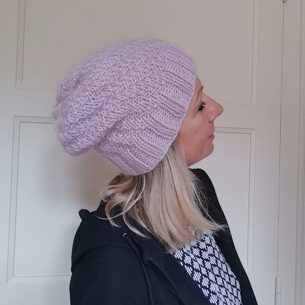 Bonnet pour femme, en mohair et en laine, tricoté à la main. Bonnet rose, fait main pour elle