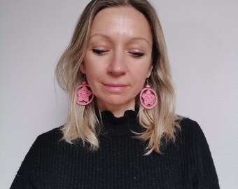 Crochet earrings, costume jewelry for women. Dangling earrings. Original jewelry for her. Pink earrings