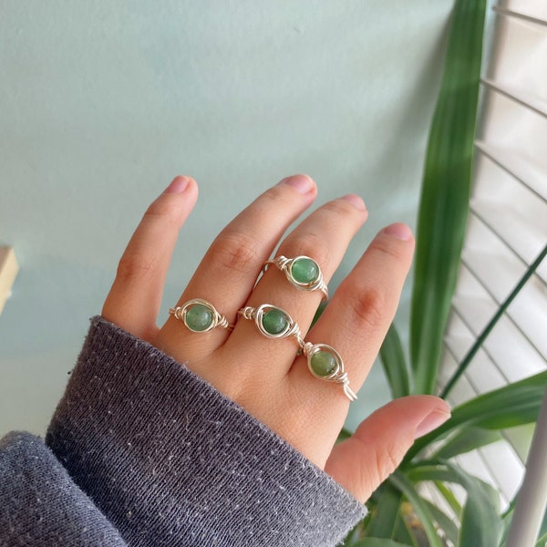 Green Aventurine Wire Wrapped Crystal Ring in Silver - Please check description for how to order your size!