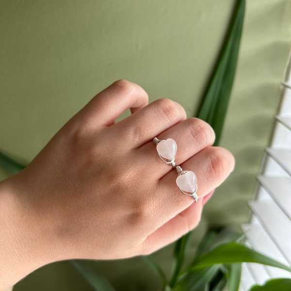 Rose Quartz Heart Shaped Wire Wrapped Crystal Ring - Please check description for how to order your size!