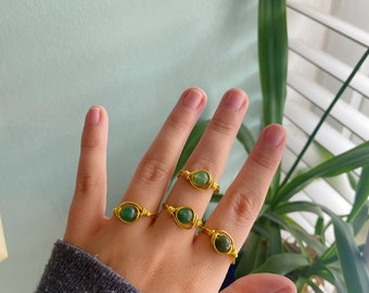 Green Aventurine Wire Wrapped Crystal Ring in Gold