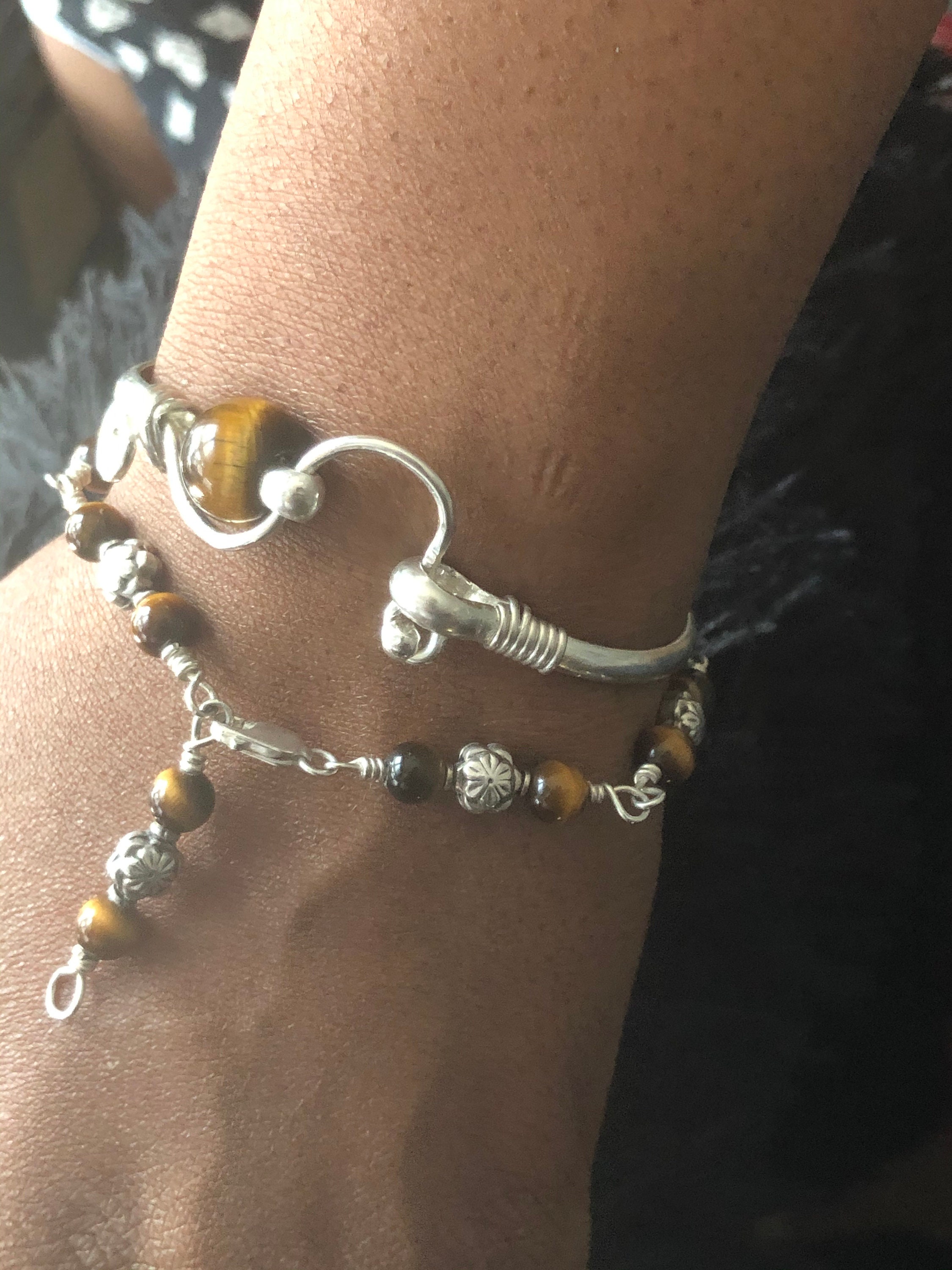 Tiger Eye Hook 925 Sterling Silver Bangle Bracelet. Caribbean Hook Style, Handcrafted, Wire Wrapped Durable Bangle Solid 925 Sterling Silver