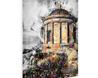 Póster collage de información turística del templo Mussenden