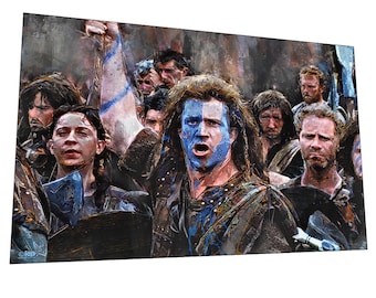 May include: A group of men in a battle scene, wearing kilts and carrying swords. The man in the center is shouting with blue and white face paint.