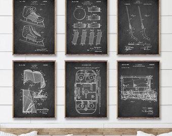 ICE HOCKEY patents 6 print set, Ice Hockey wall decor, Hockey shoes patent, puck patent, stick, resurfacing device Goal, Rink, Hockey gift