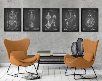 Vintage POCKET WATCH patents 5 poster set, Pocket watch patent print, Antique Pocket watch patent poster, Jewelry wall art decor