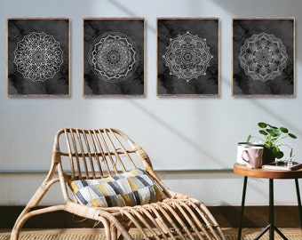 MANDALAS Illustrations 4 prints, Zen wall decor, MEDITATION Buddhism art, Mandala drawing, Mandala 4 poster set, SPIRITUAL home decor [4a7]