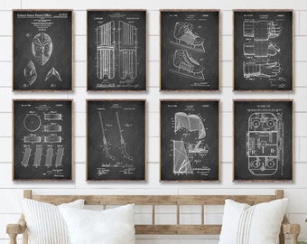 Ice HOCKEY GOALIE patents 8 poster set, Goal Tender Mask print, Leg Guard, Ice hockey Shoes, Glove, Puck, Stick, Goal, Ice hockey Rink print
