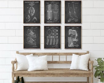 Ice HOCKEY GOALIE patents 6 print set, Hockey Goal Tender Leg Guard, Ice Hockey shoes, Hockey puck, Hockey stick, Hockey mask, Hockey goal