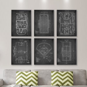 TEAM SPORT FIELDS 6 poster set, Ice Hockey Rink, Football field, Basketball Court, Soccer Pitch, Baseball Field, Tennis Court, Sport prints