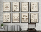 Vintage Audio MUSIC patents 8 poster set, Record Player, Vinyl Record, Microphone, Reel to reel, Headphones, Audio Music wall decor 465a472