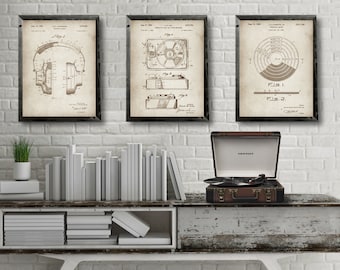Vintage Audio MUSIC patents 3 poster set, Headphones patent, Record Player patent, Vinyl Record patent, Audio Music wall decor [465-469-470]