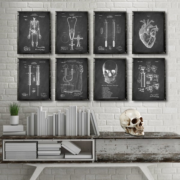 MEDICAL Patent 8 poster set, Anatomical patent print, Vintage print of Medical instruments, Skeleton patent poster, Medicine wall art decor