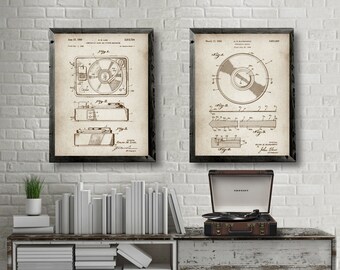 Audio MUSIC patents 2 print set, Vintage Record Player patent poster, Vinyl Record print, Phonograph record patent print, Music wall decor