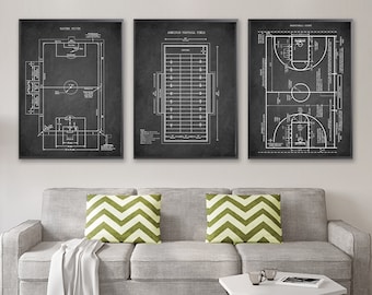 TEAM SPORT FIELDS 3 print set, Soccer Pitch poster, Football Field print, Basketball Court poster, Team Sport field room decor [320-516-645]