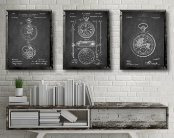 POCKET WATCH Vintage patents 3 poster set, Pocket watch patent print, Antique Pocket watch patent poster, Jewelry wall decor [613-614-617]