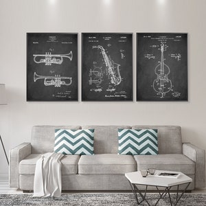 JAZZ Instrument patent 3 print set, Saxophone patent, Trumpet, Violoncello, Wind Brass instrument posters, Music wall decor [568-574-578]