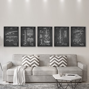 Conjunto de 5 pósteres de patentes de guitarra popular, impresiones de patentes de guitarra de rock vintage, pósteres de guitarra, arte mural, decoración de sala de música, regalo para guitarrista [219-223]