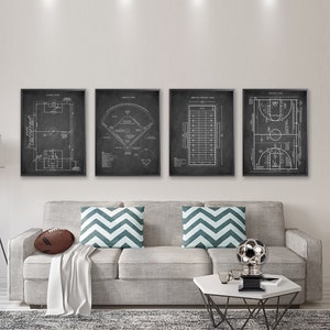 Juego de 4 carteles de TEAM SPORT FIELDS, Impresión de campo de fútbol, Póster de campo de béisbol, Impresión de campo de fútbol, Impresión de cancha de baloncesto, Impresiones de campos deportivos