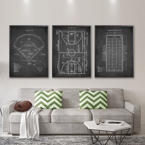 TEAM SPORT FIELDS 3 print set, Baseball Field patent print, Basketball Court poster, American Football Field print, Sport field room decor