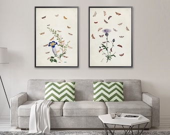 Butterfly and Botanical vintage 2 prints set, Butterfly illustration prints, Vintage Botanical poster, Minimalist Butterfly wall decor [1-2]