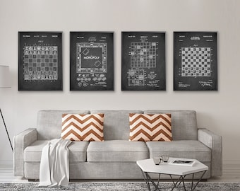 Classic GAME BOARD patents 4 poster set, Vintage Chess board patent print, Checker board game patent, Board game patent, Game room decor